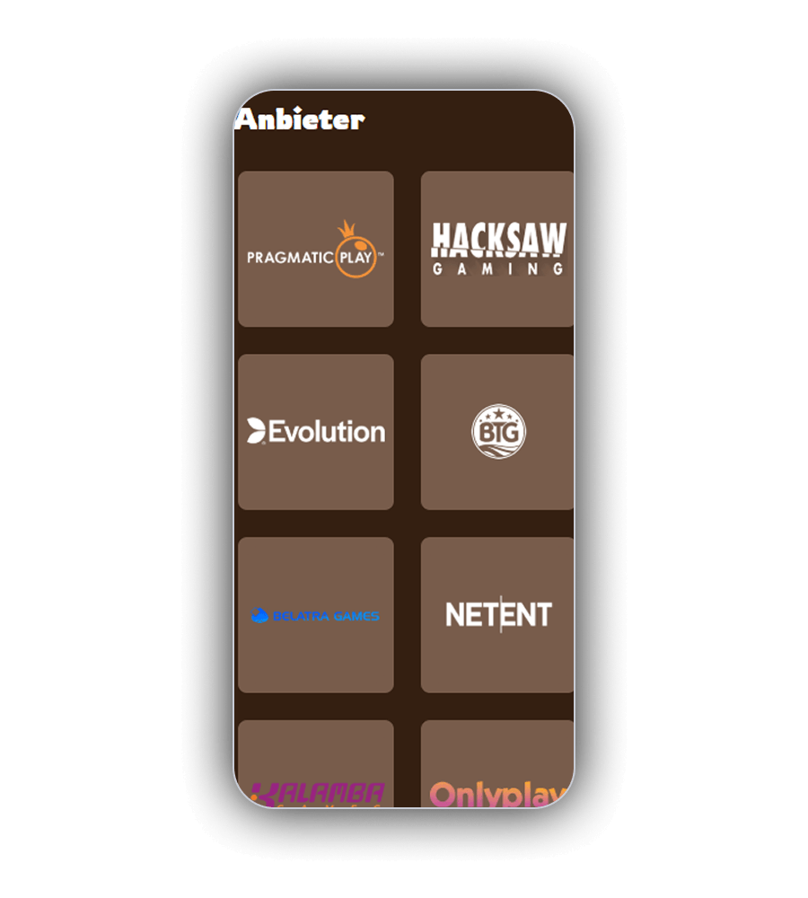 Spinfellas Anbieterseite mit Pragmatic Play, Hacksaw Gaming, Evolution, Big Time Gaming, NetEnt und Onlyplay