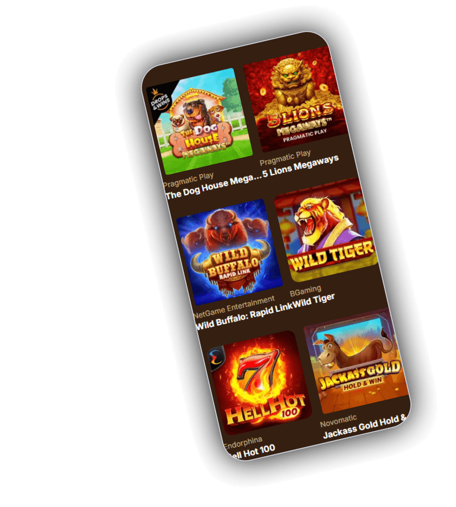 Spinfellas Spieleliste mit The Dog House Megaways, 5 Lions Megaways, Wild Buffalo, Wild Tiger und Hell Hot 100
