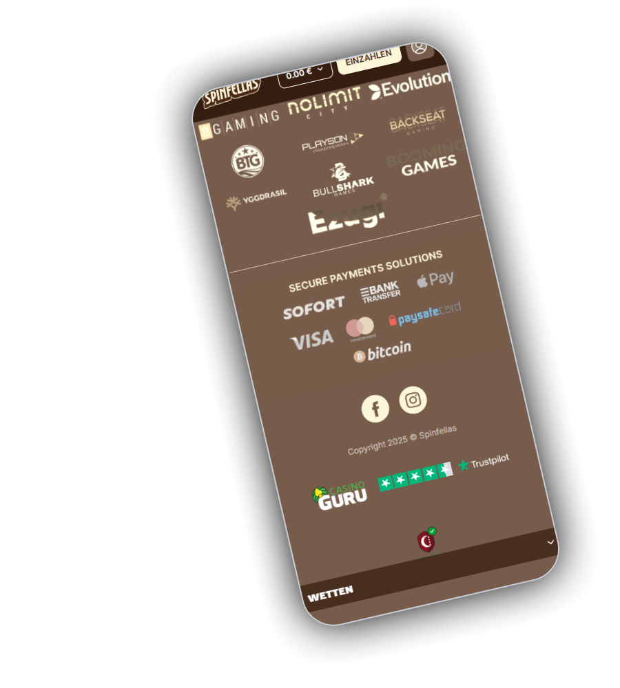 Spinfellas Footer mit sicheren Zahlungslösungen: SOFORT, Bank Transfer, Apple Pay, paysafecard, Visa, Mastercard und Bitcoin